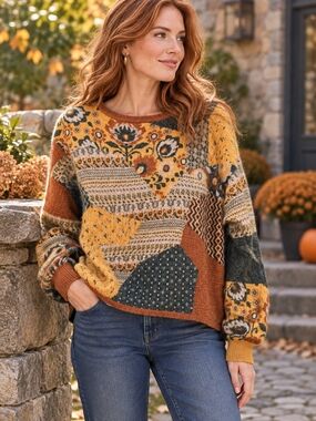 Garnet Hill Recycled Cashmere Patchwork Jacquard Sweater XS Mixed Spice